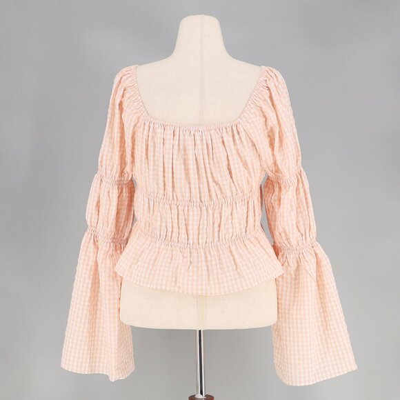 ENGLISH FACTORY Tie Detailed Gingham Shirring Top Long Sleeves Blush Pink Size L - Picture 7 of 10